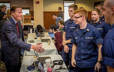 U.S. Senator Richard Blumenthal meets with the cybersecurity competition team from the U.S. Coast Guard.